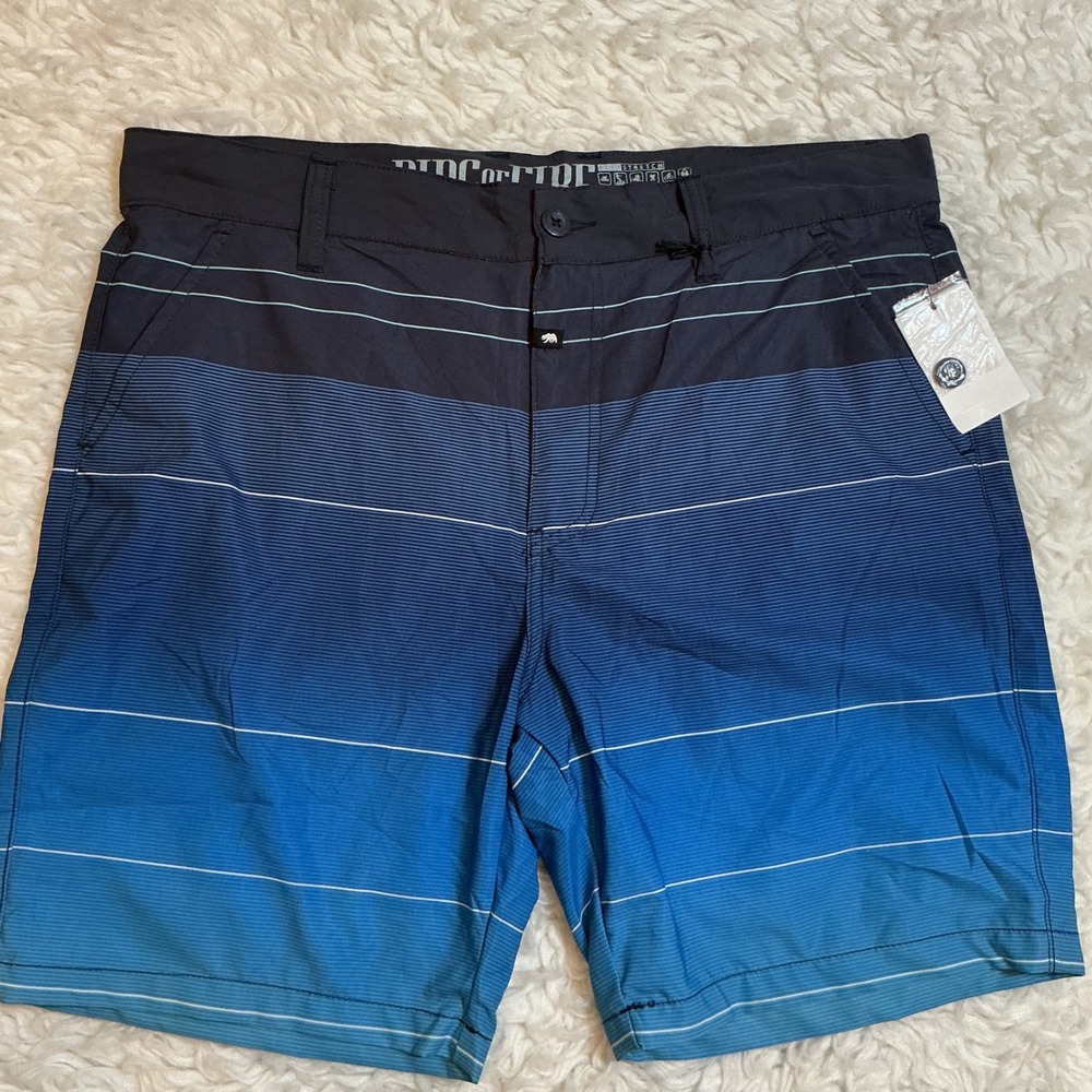 Ring of Fire Hybrid Shorts Mens 34‎ Teal Blue New Ombre Striped 4-Way Stretch